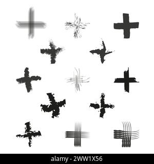 Assorted collection of artistic black cross symbols with various brush strokes. Vector illustration. EPS 10. Stock Vector