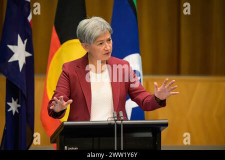 Canberra, Australia. 20th Mar, 2024. Australian Foreign Minister, Penny Wong, speaks during a press conference. Australian Foreign Minister Penny Wong held a press conference in Parliament House following her meeting with Chinese Foreign Minister Wang Yi, regarding the Australia-China Foreign and Strategic Dialogue. During the press conference, she addressed topics such as Australia's relationship with China, Dr. Yang Hengjun, and Australia's Ambassador to the United States. (Photo by George Chan/SOPA Images/Sipa USA) Credit: Sipa USA/Alamy Live News Stock Photo