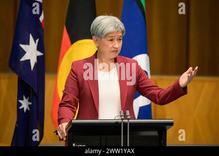 Canberra, Australia. 20th Mar, 2024. Australian Foreign Minister, Penny Wong, speaks during a press conference. Australian Foreign Minister Penny Wong held a press conference in Parliament House following her meeting with Chinese Foreign Minister Wang Yi, regarding the Australia-China Foreign and Strategic Dialogue. During the press conference, she addressed topics such as Australia's relationship with China, Dr. Yang Hengjun, and Australia's Ambassador to the United States. Credit: SOPA Images Limited/Alamy Live News Stock Photo