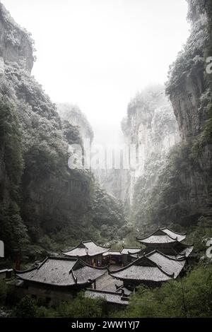 The Outpost Building Surrounding in the Three Natural Bridges (Tianlong Bridge, Qinglong Bridge, Heilong Bridge) in Wulong Karst National Geology Park Stock Photo