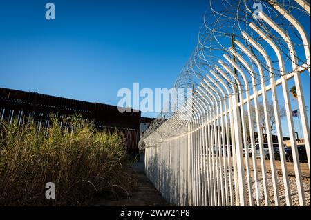 The US border wall between Yuma Arizona and Los Algodones Mexico. Stock Photo