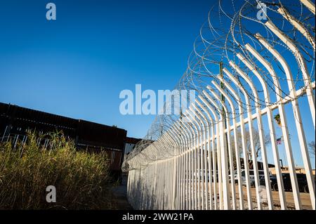 The US border wall between Yuma Arizona and Los Algodones Mexico. Stock Photo