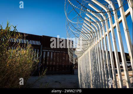 The US border wall between Yuma Arizona and Los Algodones Mexico. Stock Photo