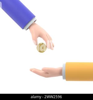 Cartoon Gesture Icon Mockup.3D illustration of giving coins. Colored 3D for website design .3D rendering on white background. Stock Photo