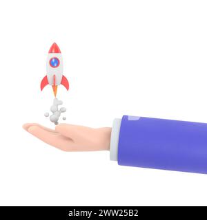 Cartoon hand holding rocket icon that takes off launch on blue background. Launch business product on market. Startup business concept.3D rendering on Stock Photo