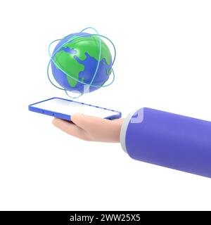 Flat 3d isometric businessman hand holding smartphone with world and global network. internet connection and global communication concept.3D rendering Stock Photo