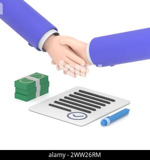 Cartoon Gesture Icon Mockup.isometric 3D illustration, handshake over paper contract and stack of dollar bills, financial contract.3D rendering on whi Stock Photo