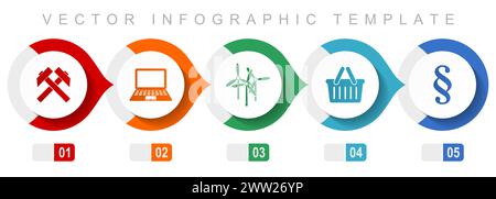 Commerce flat design infographic template, miscellaneous symbols such as mining, laptop, wind turbine, shop basket and law, vector icons collection Stock Vector