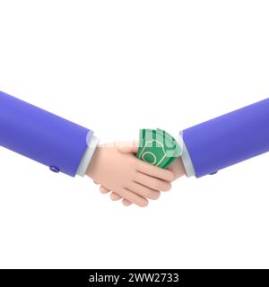 Money handshake. Corruption concept. Successful deal. Money in the palm. Banknotes in hand. Corrupt partnership. Illegal deal. 3D illustration flat de Stock Photo