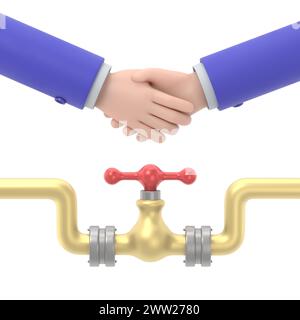 Oil deal concept. Arabs businessmen handshake at a meeting. 3D illustration flat design. Oil pipe with a tap. Solution for oil sales.3D rendering on w Stock Photo
