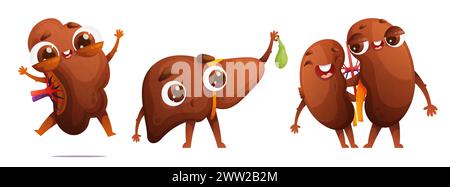 Set of cute characters of human organs in cartoon style. Couple of buds in love hugging each other. Happy jumping spleen. Liver with a funny surprised Stock Vector