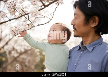 A man holding a baby and looking at a flowering tree Stock Photo