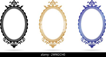 three set of vintage frame oval with ornate designs on a isolated white backgrounds for screen printing, paper craft printable designs, wedding invite Stock Vector