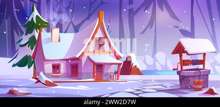 Winter landscape with cozy rural house and well tube with backet in forest with trees and ground covered with snow. Cartoon vector cold season country scenery of snowy woodland with cottage. Stock Vector