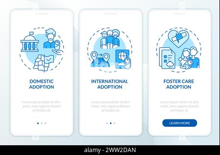 Types of adoption blue onboarding mobile app screen Stock Vector