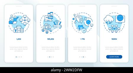 Types of network blue onboarding mobile app screen Stock Vector