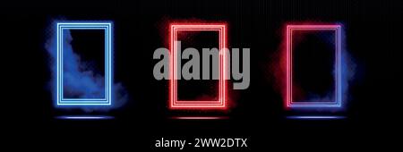 Red and blue neon frames set isolated on transparent background. Vector realistic illustration of rectangle borders, magic light portals with smoke and sparkles, fire and ice effect, design elements Stock Vector