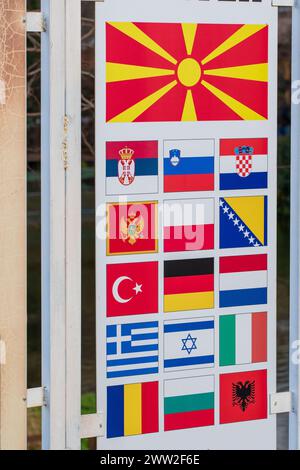 Flags around the world. Macedonia, Croatia, Turkey, Greece, Serbia, Poland, Montenegro, Bosnia, Holland, Germany, Poland, Italy, Slovenia and Israel. Stock Photo