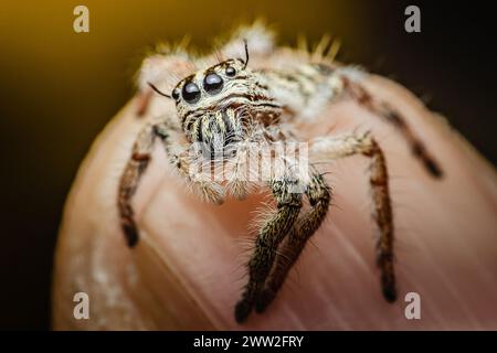 Close up a colorful jumping spider on finger, macro shot, selective focus,Thailand. Stock Photo