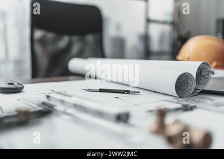 architect's pencil on house blueprint.  Architect, engineer plan concept. Stock Photo