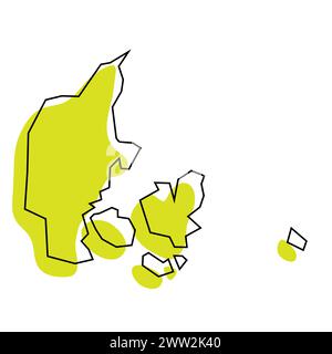Denmark country simplified map. Green silhouette with thin black contour outline isolated on white background. Simple vector icon Stock Vector