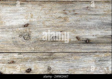 Rusty nails protrude from aged wooden planks with weathered textures. Stock Photo