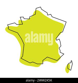 France country simplified map. Green silhouette with thin black contour outline isolated on white background. Simple vector icon Stock Vector