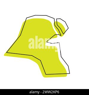 Kuwait country simplified map. Green silhouette with thin black contour outline isolated on white background. Simple vector icon Stock Vector