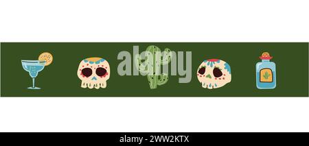 Mexican border of skull, tequila, cactus on green background. Vector illustration can used for greeting card, banners and flyers. Stock Vector