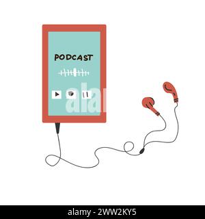 Phone with podcast on screen with earphones. Vector illustration can used for media audio, video concept. Stock Vector
