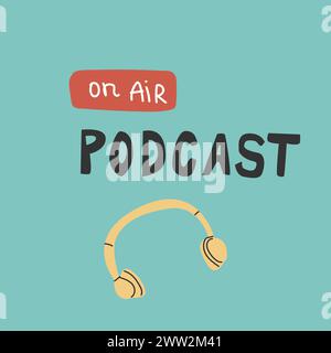 Podcast cover template background with headphone in flat style. Vector illustration hand drawn. Can used for broadcasting, podcast banner, cover for s Stock Vector
