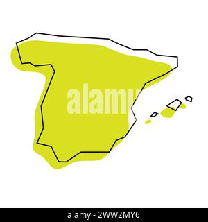 Spain country simplified map. Green silhouette with thin black contour outline isolated on white background. Simple vector icon Stock Vector