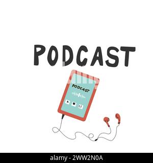 Podcast cover template background with phone. Vector illustration hand drawn. Can used for broadcasting, podcast banner, cover for social network. Stock Vector
