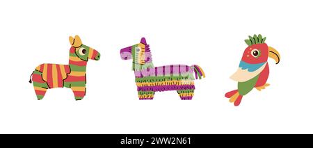 Mexican horse pinata set and parrot for party in flat style. Vector illustration can used for birthday pinata party card, cinco de mayo background, gr Stock Vector
