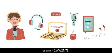 Hand drawn Podcast elements set with laptop and woman in flat style. Microphone, laptop, headphones, phone and earphones. Media equipment for audio an Stock Vector