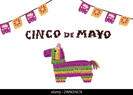Hand drawn banner cinco de mayo with Pinata horse and bunting. Vector illustration Stock Vector