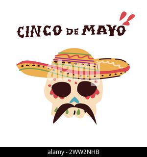 sugar skull with folk ornament in mexican hat with lettering. Vector illustration can used for cinco de mayo banner, greeting card, poster. Stock Vector