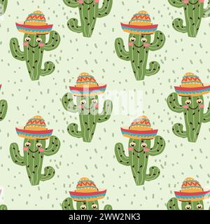 hand drawn mexican element seamless pattern. Vector illustration of mexican cactus in hat Stock Vector