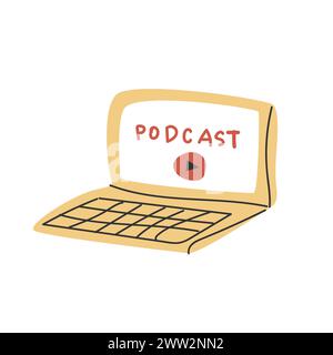 laptop for podcast - flat vector icon. Vector illustration can used for broadcasting cover, template. Stock Vector