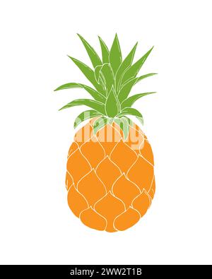 Pineapple colorful isolated on white background, no contour, one fruit hand drawn. Vector illustration Stock Vector