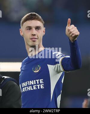 Cole Palmer of Chelsea celebrates the victory at full-time with a thumbs up. - Chelsea v Newcastle United, Premier League, Stamford Bridge Stadium, London, UK - 11th March 2024. Editorial Use Only - DataCo restrictions apply. Stock Photo