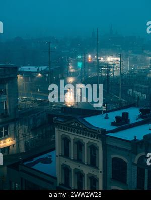 View over downtown on a foggy night in Scranton, Pennsylvania Stock Photo