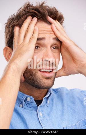 Stress, fear or sad man with hands on face in studio frustrated by fail, accident or mistake on white background. Anxiety, depression or guy model Stock Photo