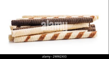 Close-Up of Chocolate Wafer Sticks on a White Background Stock Photo