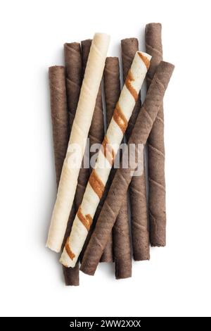 Close-Up of Chocolate Wafer Sticks on a White Background Stock Photo