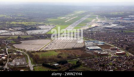 aerial view of Manchester Airport viewed from the east looking across a car park towards the Runway 23 Right (23R) Stock Photo