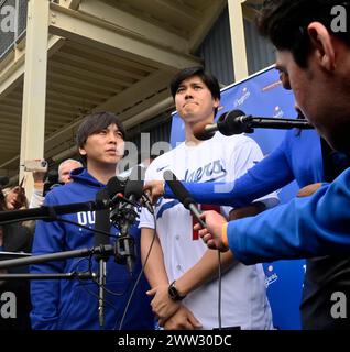 Los Angeles, United States. 03rd Feb, 2024. Shohei Ohtani's longtime interpreter Ippei Mizuhara (L) has been fired after being accused of a theft, said to be in the magnitude of millions of dollars on Wednesday, March 20, 2024. Mizuhara, seen with Ohatani during a news conference at Dodger Stadium in Los Angeles in December 2023, is accused of stealing the baseball star's money to place illegal bets. File Photo by Jim Ruymen/UPI Credit: UPI/Alamy Live News Stock Photo