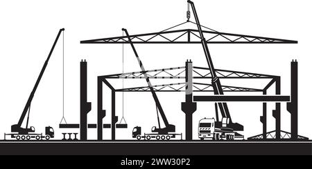 Mobile cranes lifting timbers on construction site – vector illustration Stock Vector