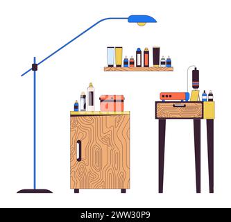 Tattoo shop equipment 2D linear cartoon objects set Stock Vector