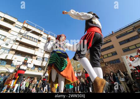 Regional dances of dancers dressed in traditional costumes in front of the crowd in the city of Zamora Spain. Stock Photo